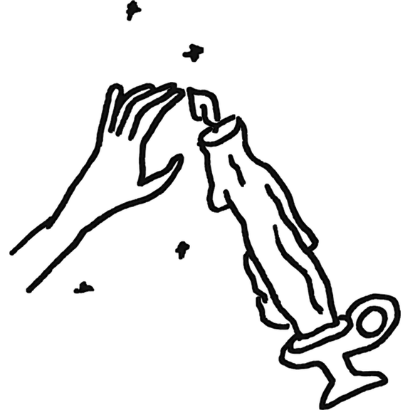 Ink drawing of a hand reaching towards a lit candle
