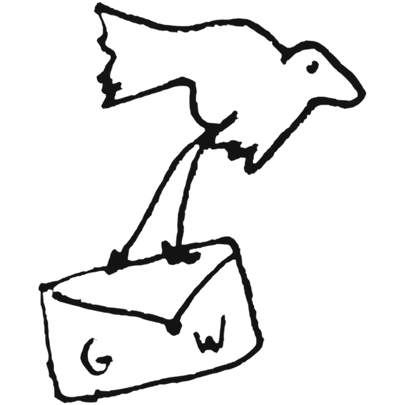 Ink drawing of a bird carrying an envelope lettered G W
